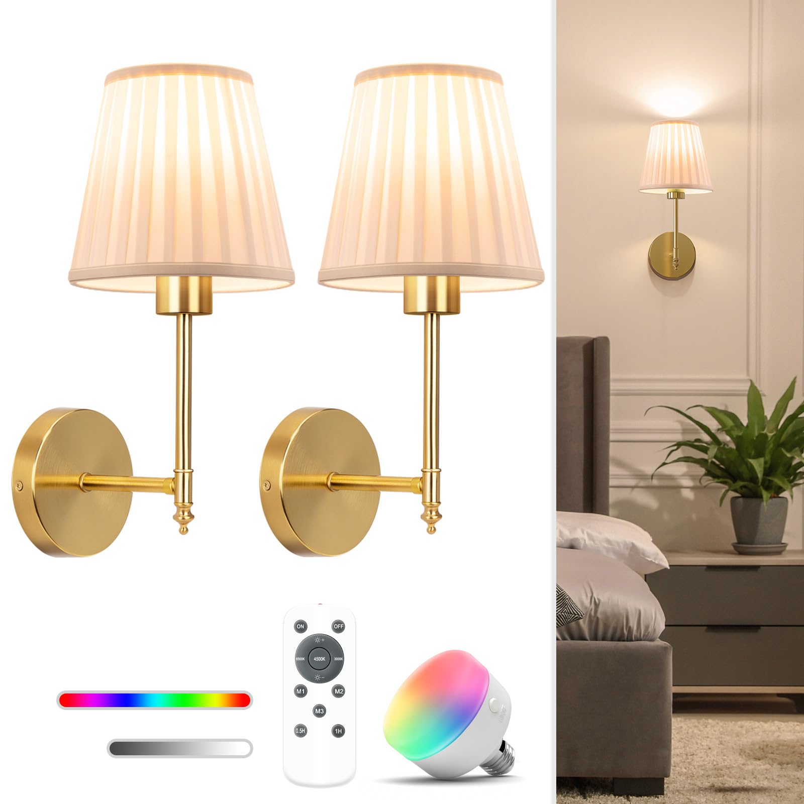 NIORSUN 14.5 inch Battery Operated Wall Sconce Set of 2,Beige Gold Rechargeable Wall Lights with 10400mAh Dimmable Bulbs and Remote,10 Colors Wireless Wall Lamps for Bedroom Living Room