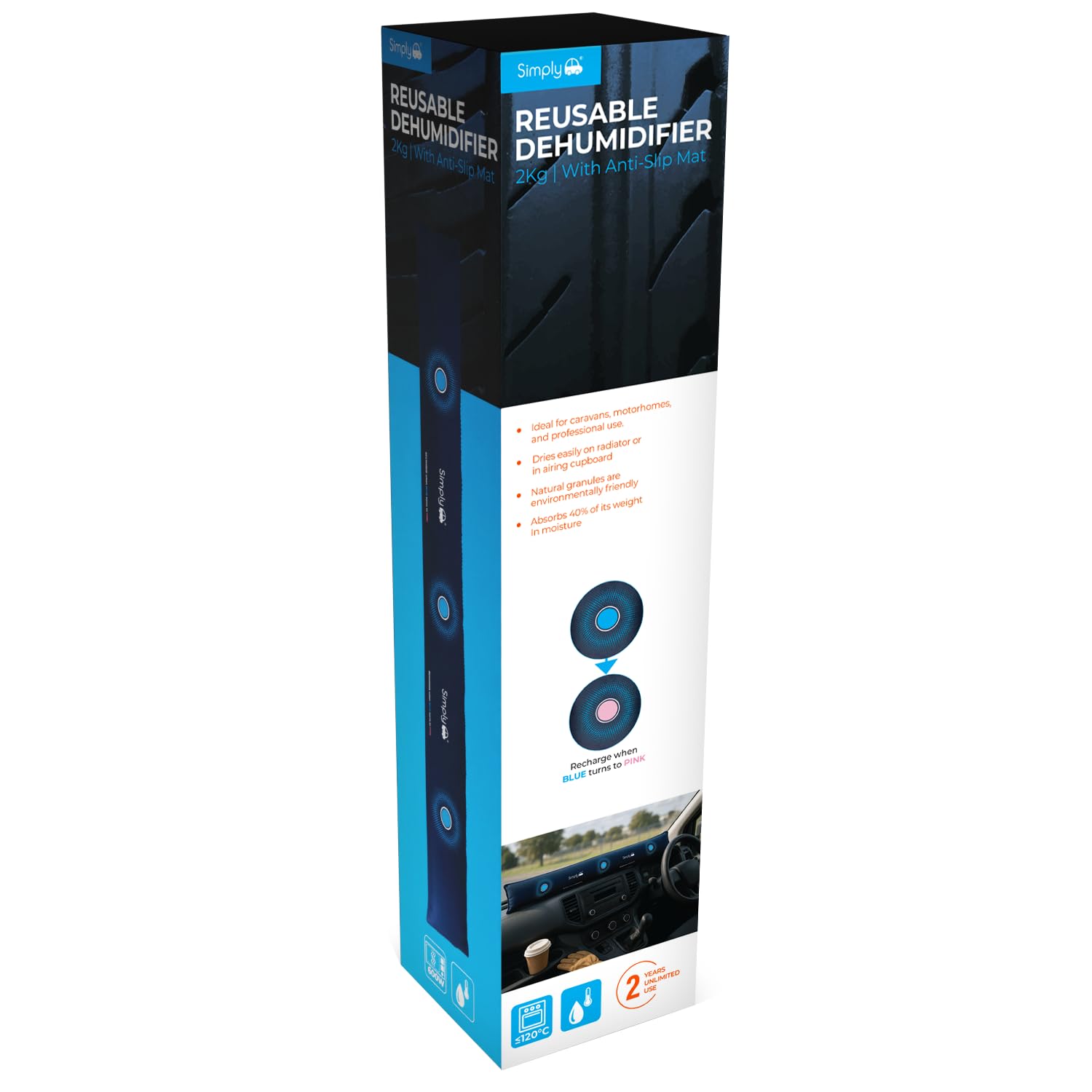 Simply Auto Extra-Long Car Dehumidifier 2KG – 100cm Reusable Silica Gel with Anti-Slip Mat, Ideal for Vans, Commercial Vehicles & Caravans, Blue