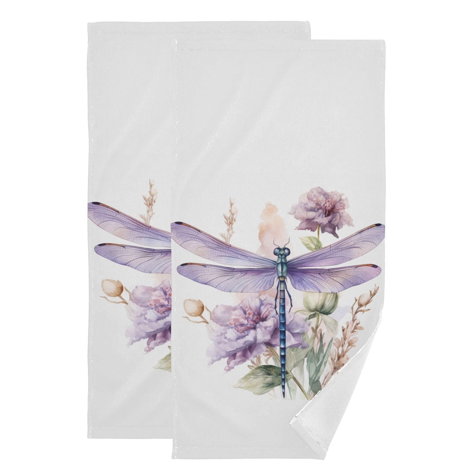 QINBEIDU Watercolor Dragonfly Hand Towels for Bathroom Set of 2 Floral Wildflower Guest Bath Hand Towel Kitchen Dish Towels Spa Home Bathroom