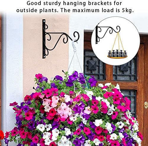 EMAGEREN 4 Pack Wall Hanging Brackets Hooks Metal Wall Hooks Heavy Duty Plant Hooks Retro Outdoor Indoor Garden Hook with Screws for Garden Basket Lantern Lawn Light Flower Pots, 25x20CM (Black)
