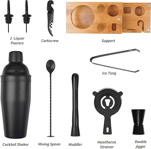 Miniatura 2 de VG Juego de coctelera con soporte, juego de herramientas de bar para batidora de bebidas, accesorios de bar para el juego de bar en casa (negro, 10