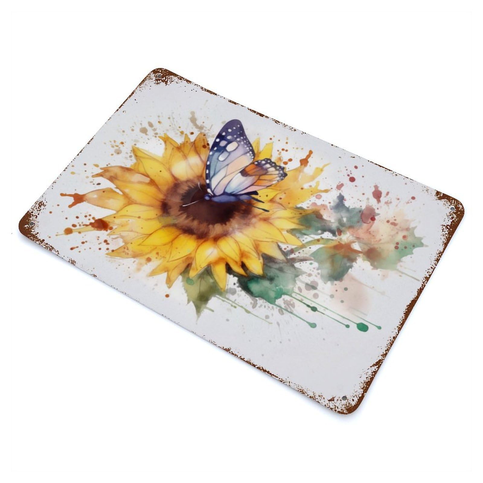 Rust Effect Sunflower Watersketch Aged Metal Wall Plaque 11.8"x7.9", Rustic Home Decor for Bistro, Counter And Cafe Decor