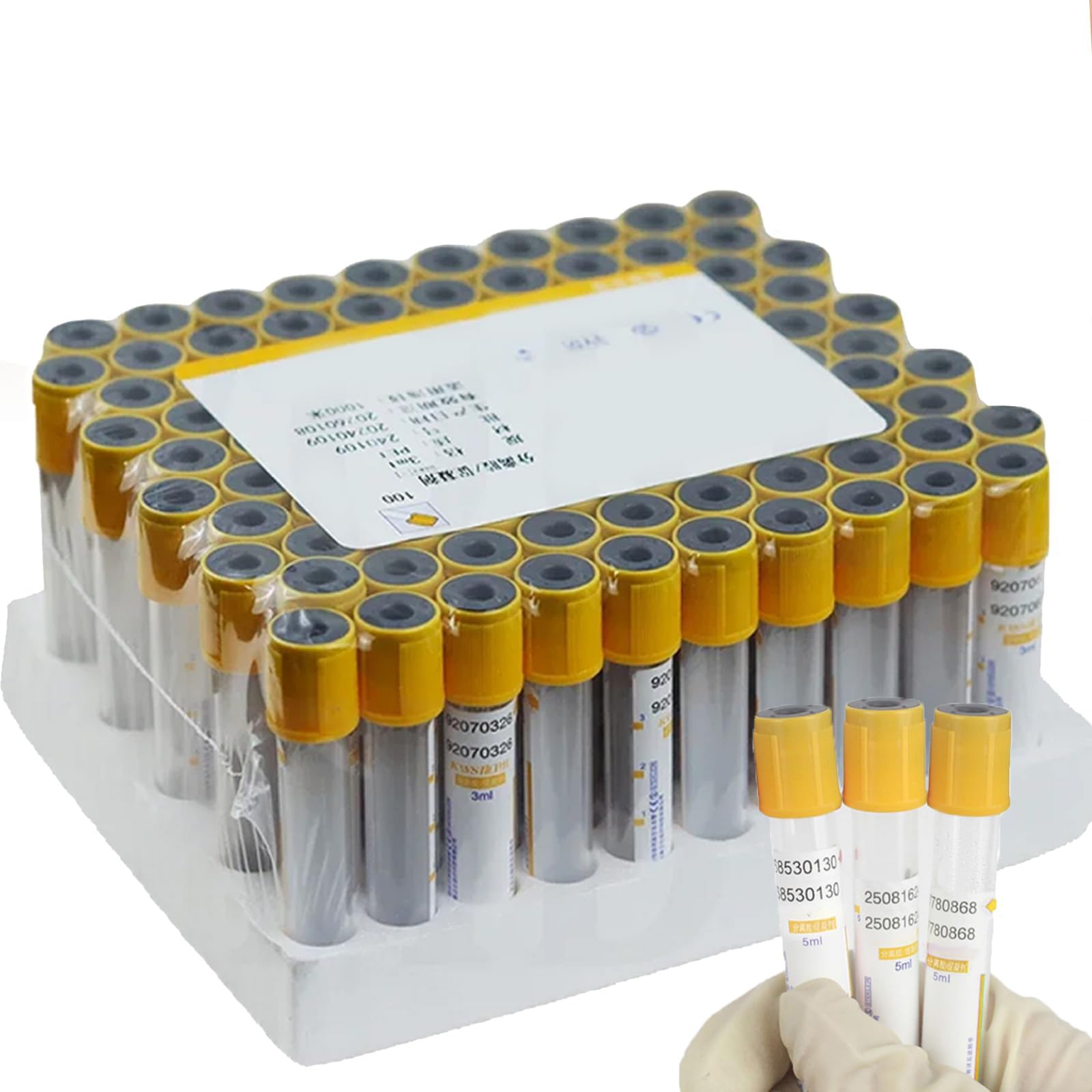 100 Sztuk Probówek Do Pobierania Krwi Podciśnieniowo, O Pojemności 3ml/5ml/10ml, Jednorazowe Szklane Probówki Do Krwi, Z Żelem Separacyjnym I Koagulantem, Z Żółtą Nakrętką. 10ml