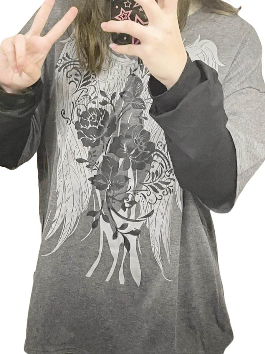 Goth Shirt Gothic Shirt Fake Two-Piece Alternative Clothing Goth Long Sleeve Top Grunge Clothes: Large Grey02