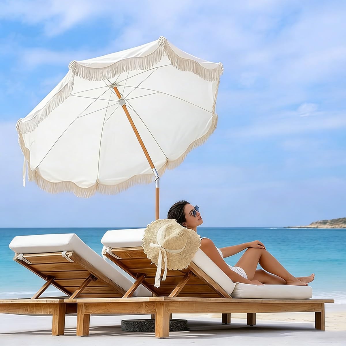 Boho Parasol Plażowy z Frędzlami, UPF 50+, Składany Przenośny, z Drewnianym Drążkiem, na Wakacjach, w Ogrodzie, na Trawniku, przy Basenie