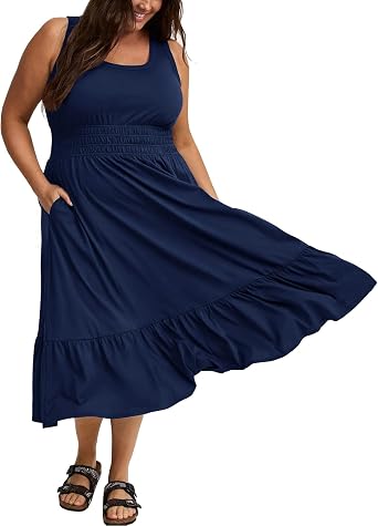 Women Plus Size Summer Midi Dress - Smocked Waist Beach Vacation Sleeveless Dresses with Pockets
