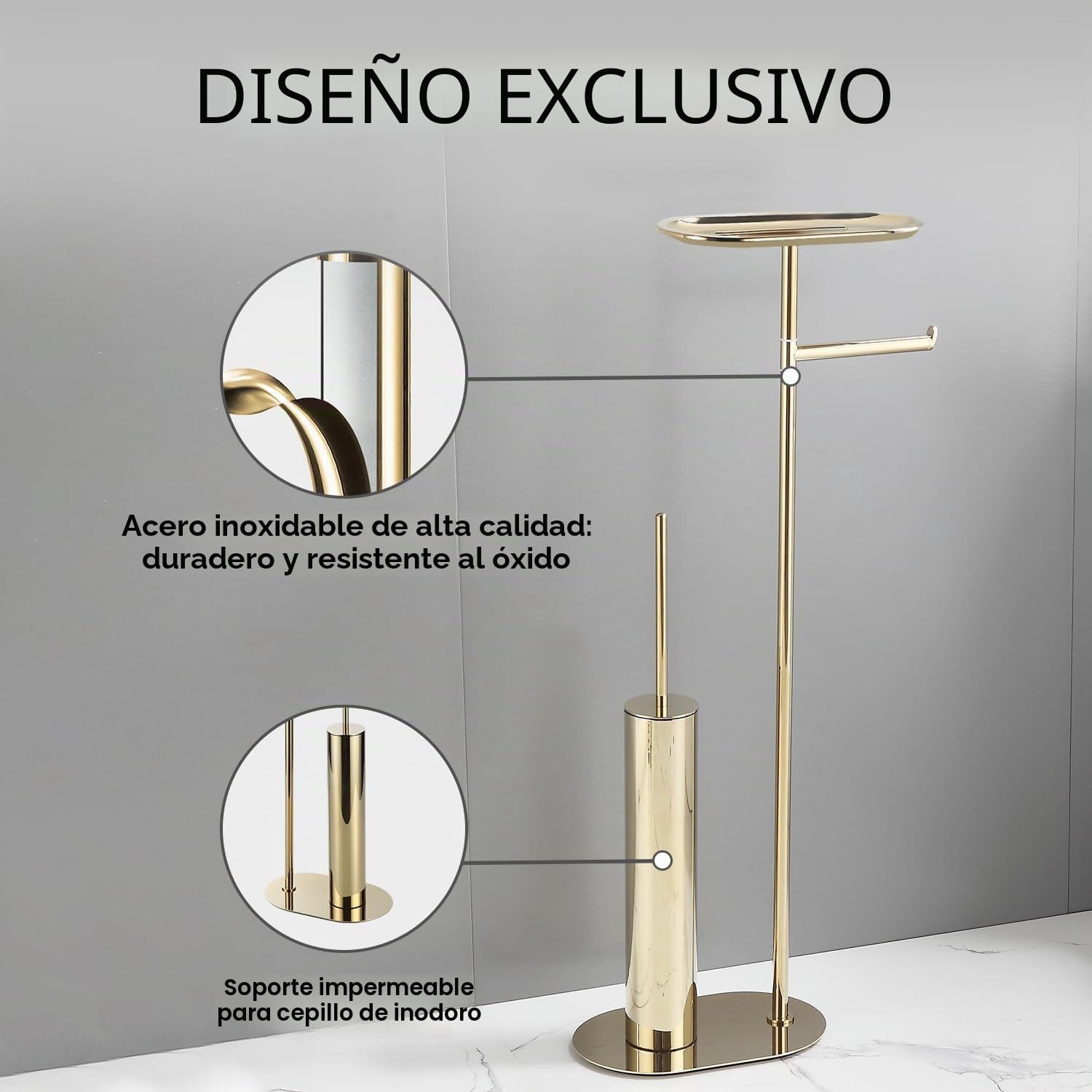 BGL Juego de escobillas de baño de pie con soporte para papel higiénico 3 en 1 con estante, diseño moderno y de acero inoxidable dorado