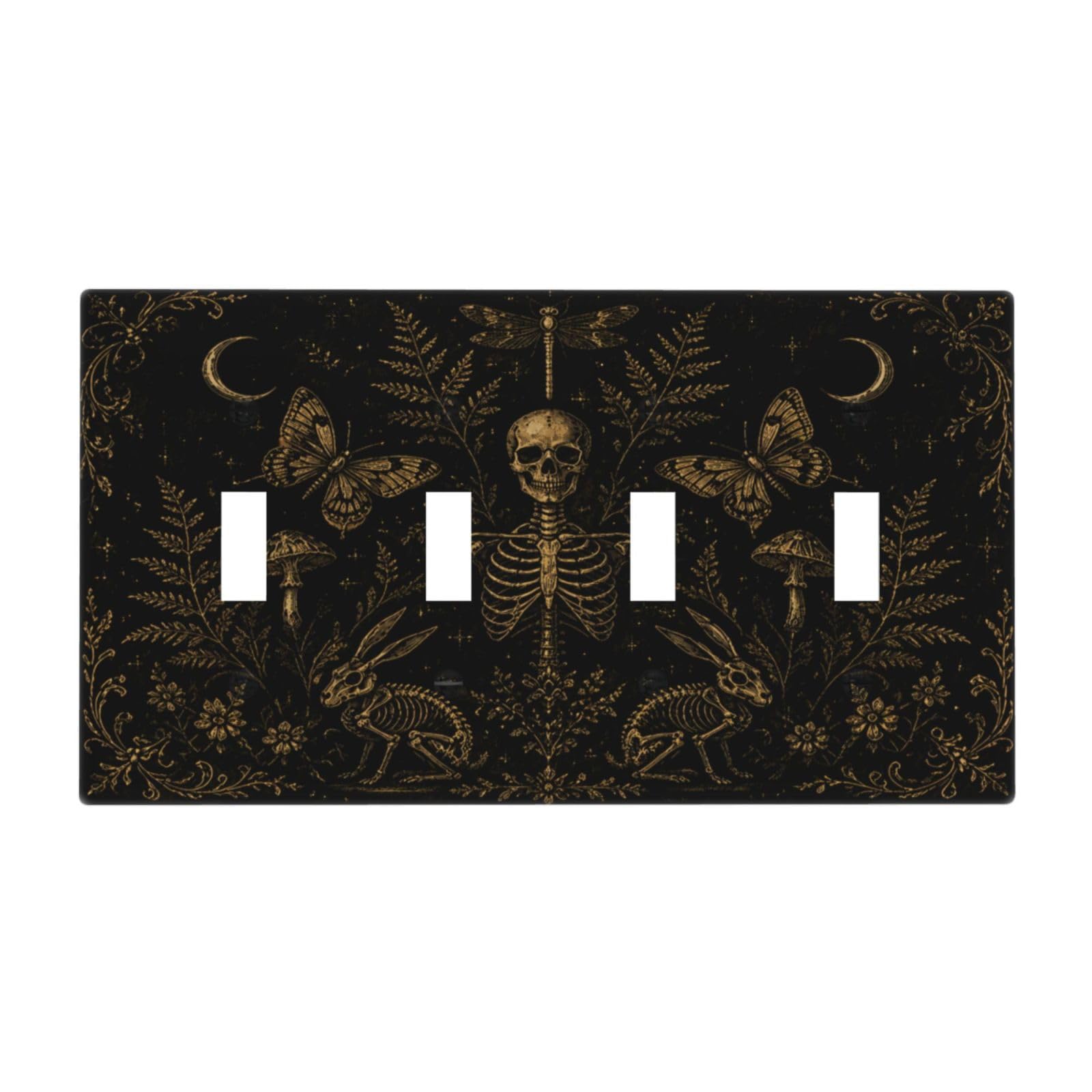 Xuejiaku Decorative Quad Toggle Wall Plate Vintage Gold Botanical Skeleton Gothic 4 Gang Light Switch Covers Dark Academia Gothic 4 Hole Electrical Outlet Covers Faceplate for Bedroom Home Decor