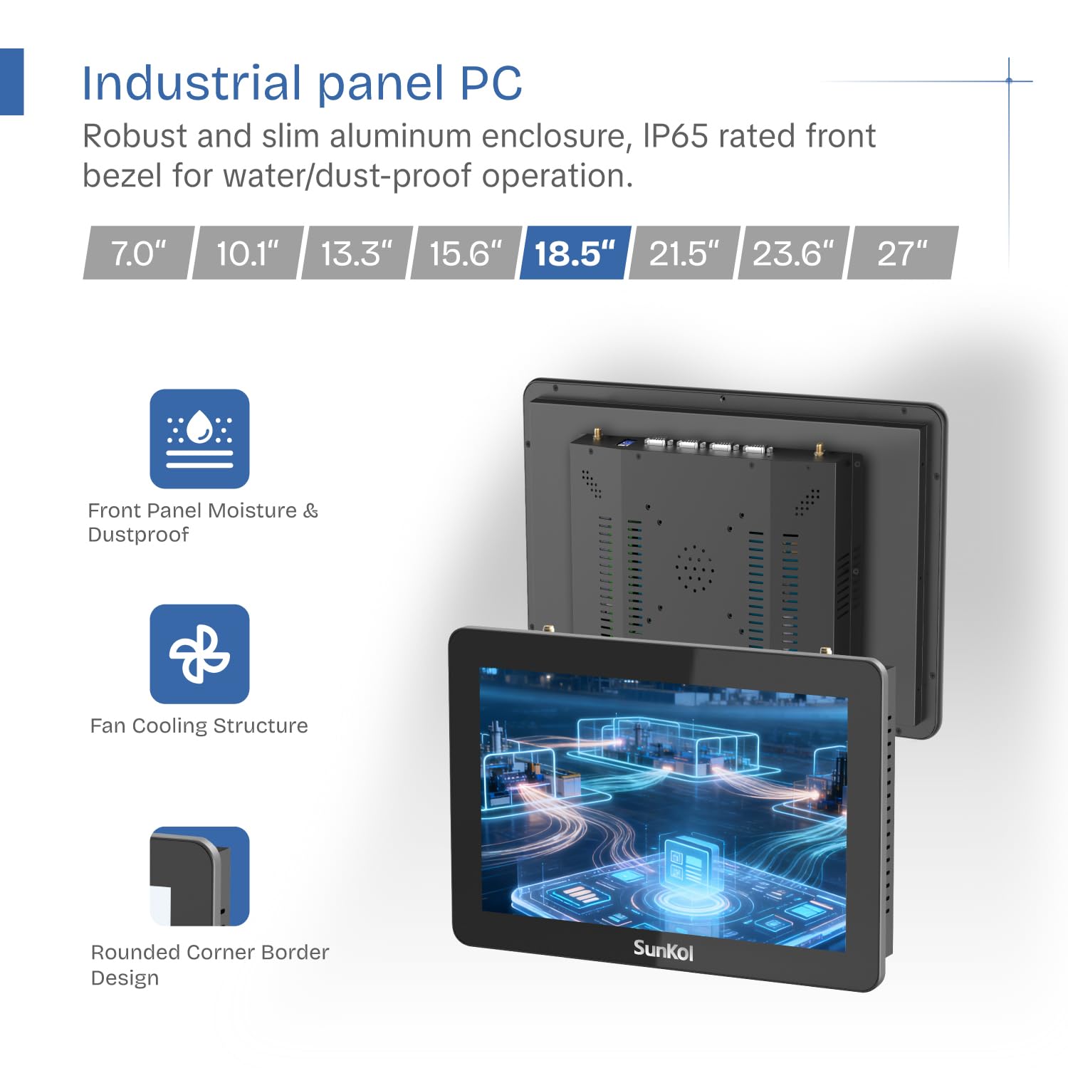 18,5 Pulgadas Panel PC Industrial Embebido,IP65 Pantalla Táctil Capacitiva 1920 * 1080,VESA,Windows 10 Computer para Automatización,HDMI,2×LAN,4×USB,6×RS232,VGA(J1900,8GB RAM 512GB SSD)