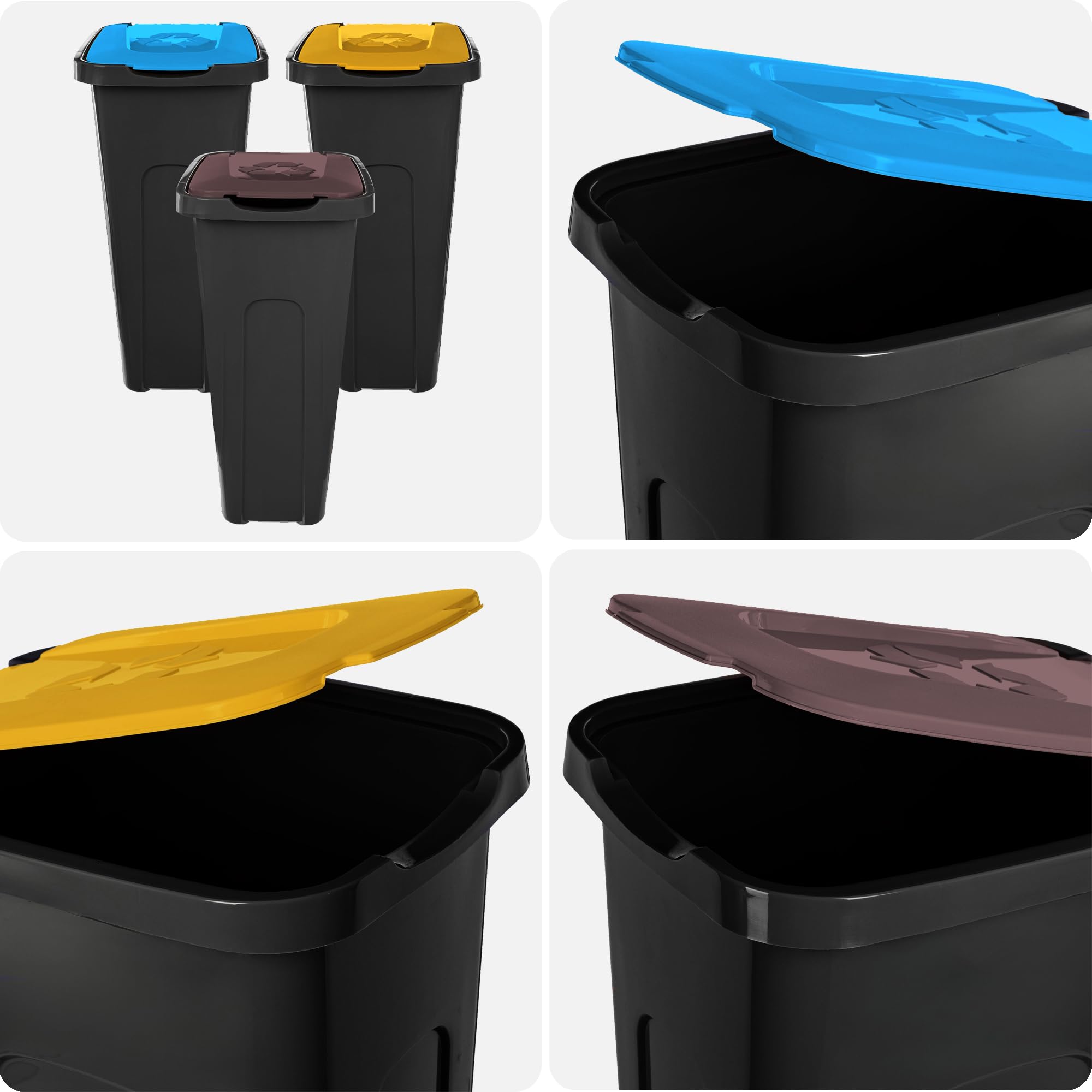 KADAX Juego de cubos de basura de 3 x 30 l, juego de cubos de basura para sistema de reciclaje, cubo de basura de plástico con tapa abatible (3, marrón, amarillo y azul)