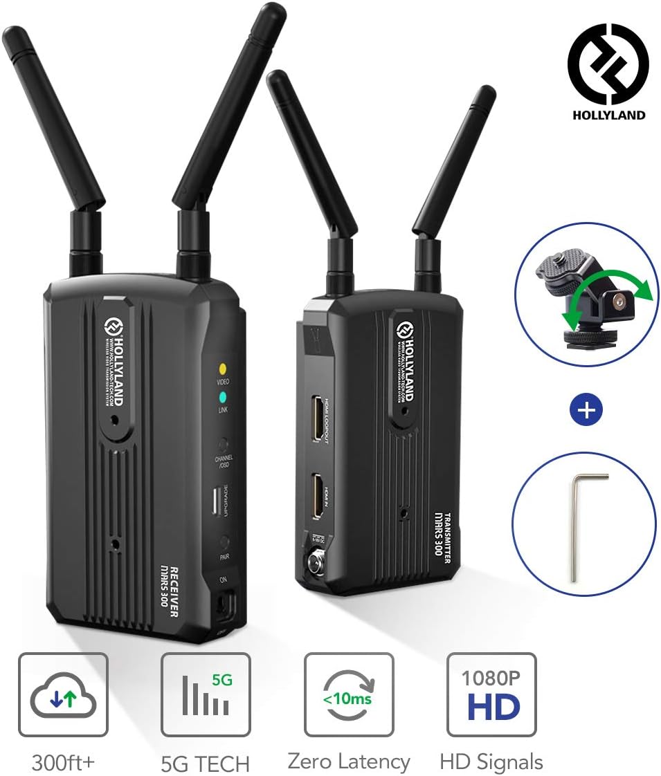 Hollyland-Mars-Wireless-Transmission-System 5G HDMI Video Transmitter and Receiver Kit Support HD 1080P 300 Feet for DSLR Mirrorless Camera Gimbal Field Monitor, Multi-Angle Hot Shoe Mount Included