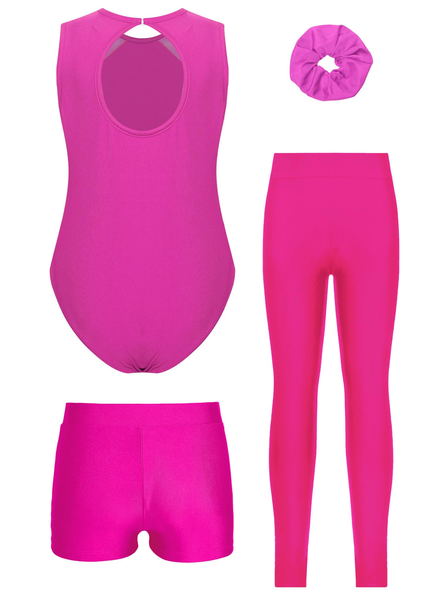 Oyolan Ensemble de Gymnastique 4 Pièces pour Fille Justaucorps Legging Short Chouchou Tenue Danse Gym Patinage Sport Fitness