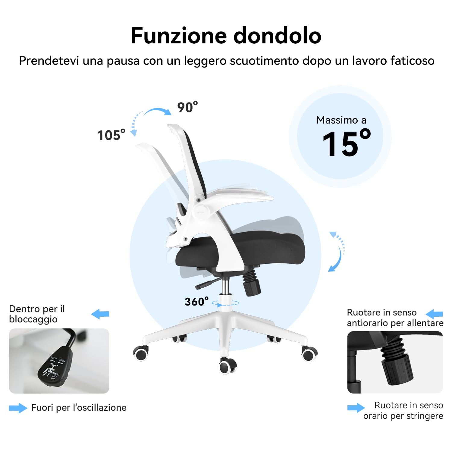 Hbada J1 Sedia da ufficio ergonomica, poltrona da ufficio con bracciolo pieghevole, seduta in tela, girevole a 360°, Bianco