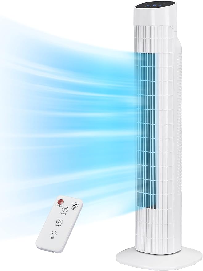 Uthfy 31" Electric Tower Fan That Blow Cold Air, Quiet Cooling Fan with Oscillation 7.5H Timer,Portable Floor Bladeless Standing Fan with Remote, White