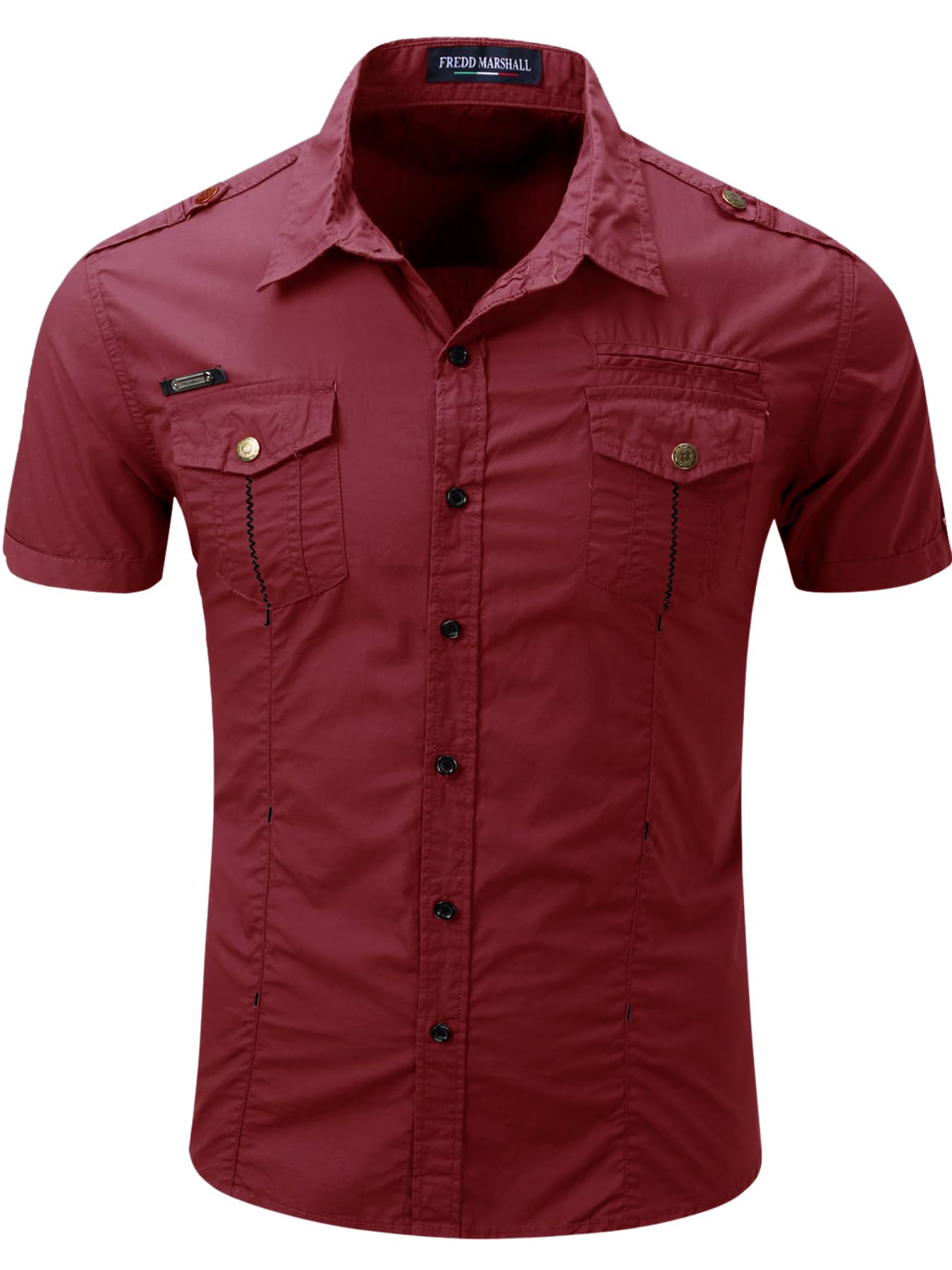 FREDD MARSHALL Men's Short Sleeve Work Shirt, Military Tactical Shirts, Outdoor 100% Cotton Breathable Button Down Hiking Shirt, 55888, Burgundy, XX-Large