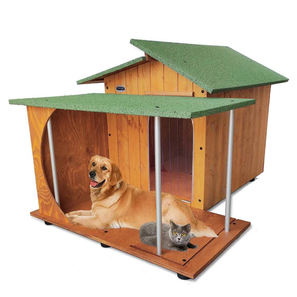 ORIGINAL LEGNO - Cuccia in Legno con veranda per Cani da Esterno Tendina Omaggio MADE IN ITALY mod. Alpi D – Pastore 102x146xH95