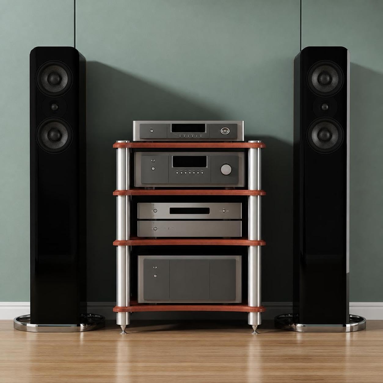 Mobiletto Rack per Apparecchiature Audio, Supporto per Amplificatore e Altoparlanti con Puntali Ammortizzanti, Rack Stereo Professionale per Impianti Audio (Teak, 2 Ripiani)