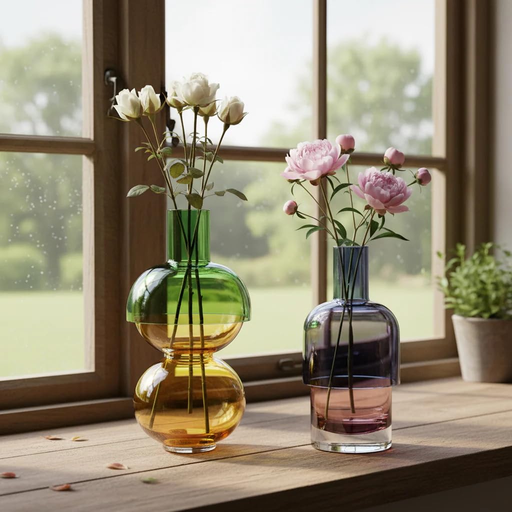 Cloudnola Set di 2 vasi da fiori reversibili in vetro e vaso per boccioli di limone, verde, giallo, blu e rosa, set regalo per casa, matrimoni ed eventi