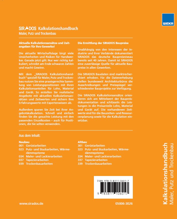 SIRADOS Kalkulationshandbuch 2026 - Maler, Putz, Trockenbau: Das praktische Nachschlagewerk für die Angebotskalkulation. Mit aktuellen Kalkulationsansätzen!