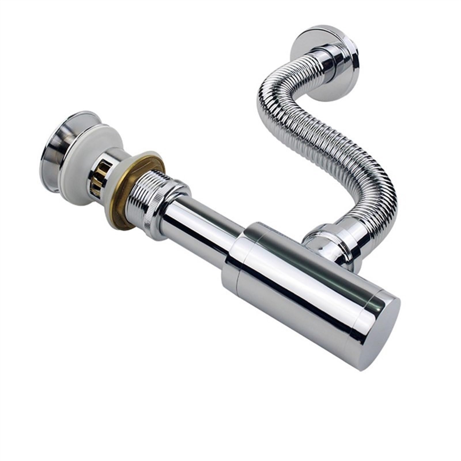Siphon d'évier de Salle de Bain en Laiton de 30 cm avec Siphon d'évier de Salle de Bain Flexible avec Tuyau de vidange Noir ou chromé. (Color : Chrome with Hole)