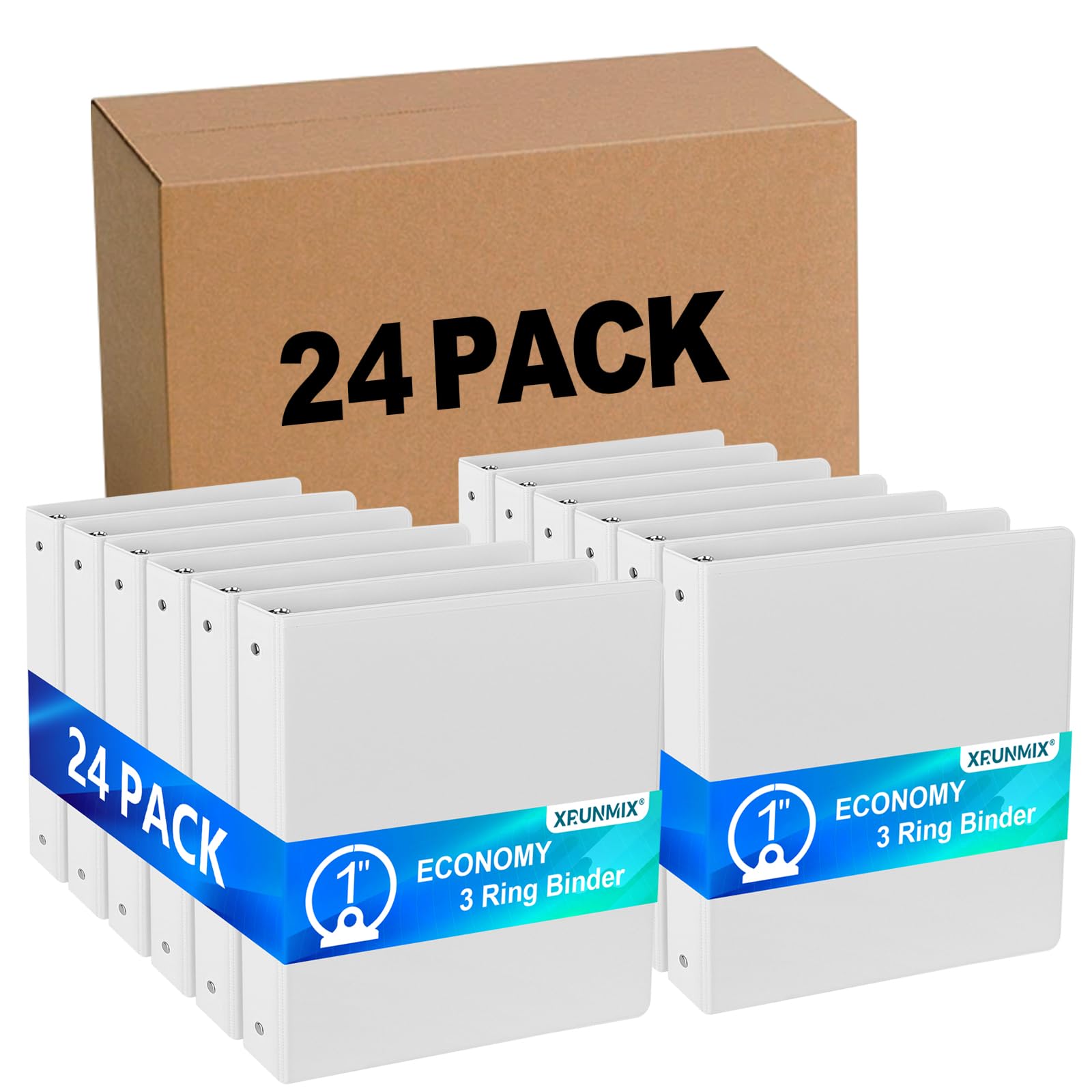 Bulk 24 Pack Economy 3-Ring Binders, 1 Inch, Round Rings, 200 Sheet Capacity, ClearVue Presentation View, Non-Stick, White (24)