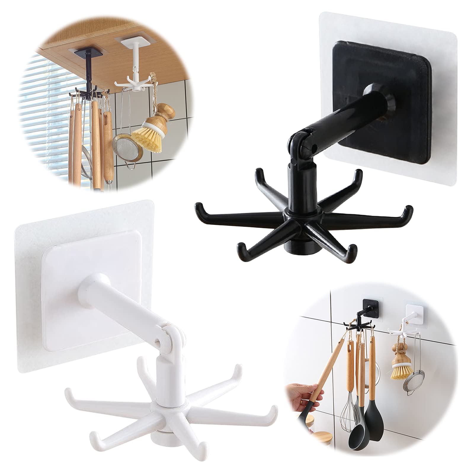 SMTHOME360° Rotatable Folding Hooks, 6-Claw Kitchen Utensil Holder, Self-Adhesive Bathroom Folding Hook, No Drilling Hangers for Home Ceilling Keys Organization Office Storage Accessories, 2PCS