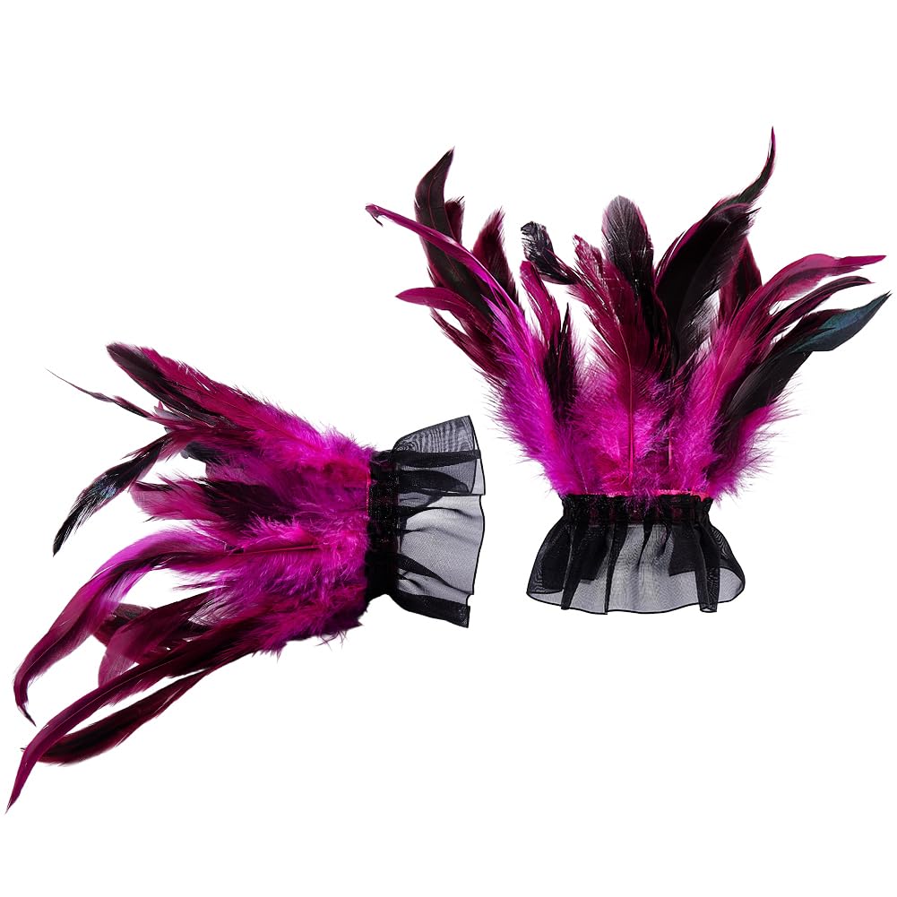 OLYCRAFT 2Pcs Women's Gothic Lace Feather Gloves Rose Red Feathers Arm Sleeve Wristband Women Black Laces Feathers Gloves Feather Lace Wrist Bands for Cosplay Wedding Masquerade Party