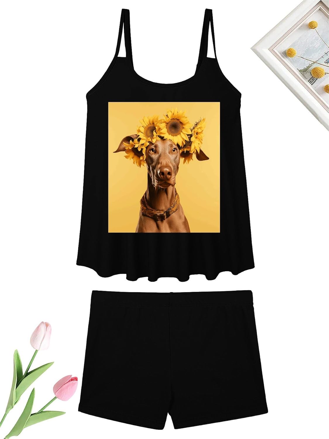 Sunflower and Dog Tankini Swimsuits for Women Tummy Control Two Piece Bathing Suits Swim Tops with Boy Shorts