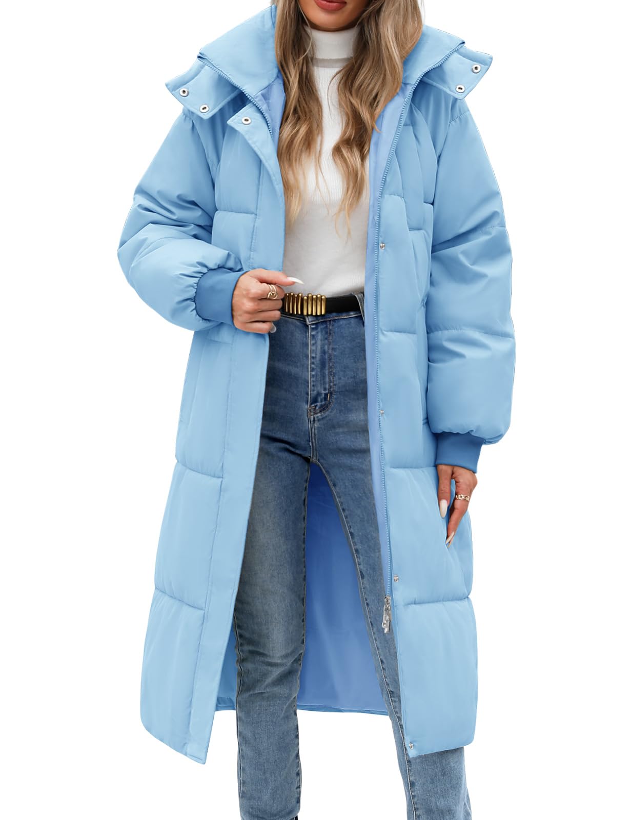 Women's Long Puffer Coat - Warm Winter Quilted Jacket Full Length Zip Up Down Coat Thickened Puffy Parka with Hood-image-9
