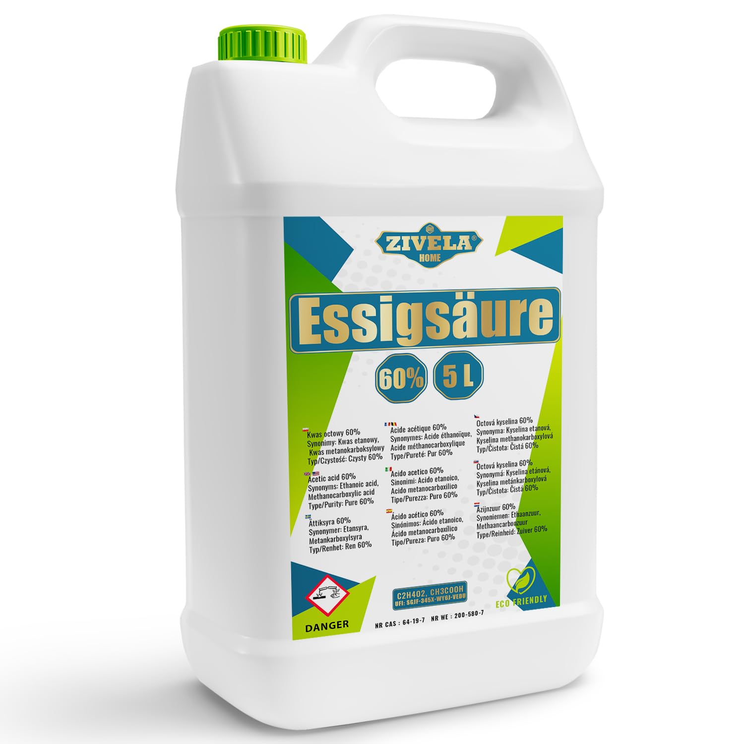Acido acetico da 20 l, 60% di alta qualità, essenza di aceto, 4 x 5 l, 60%, qualità alimentare, 20 kg, aceto di alta purezza per applicazioni versatili, perfetto per uso domestico, industriale,