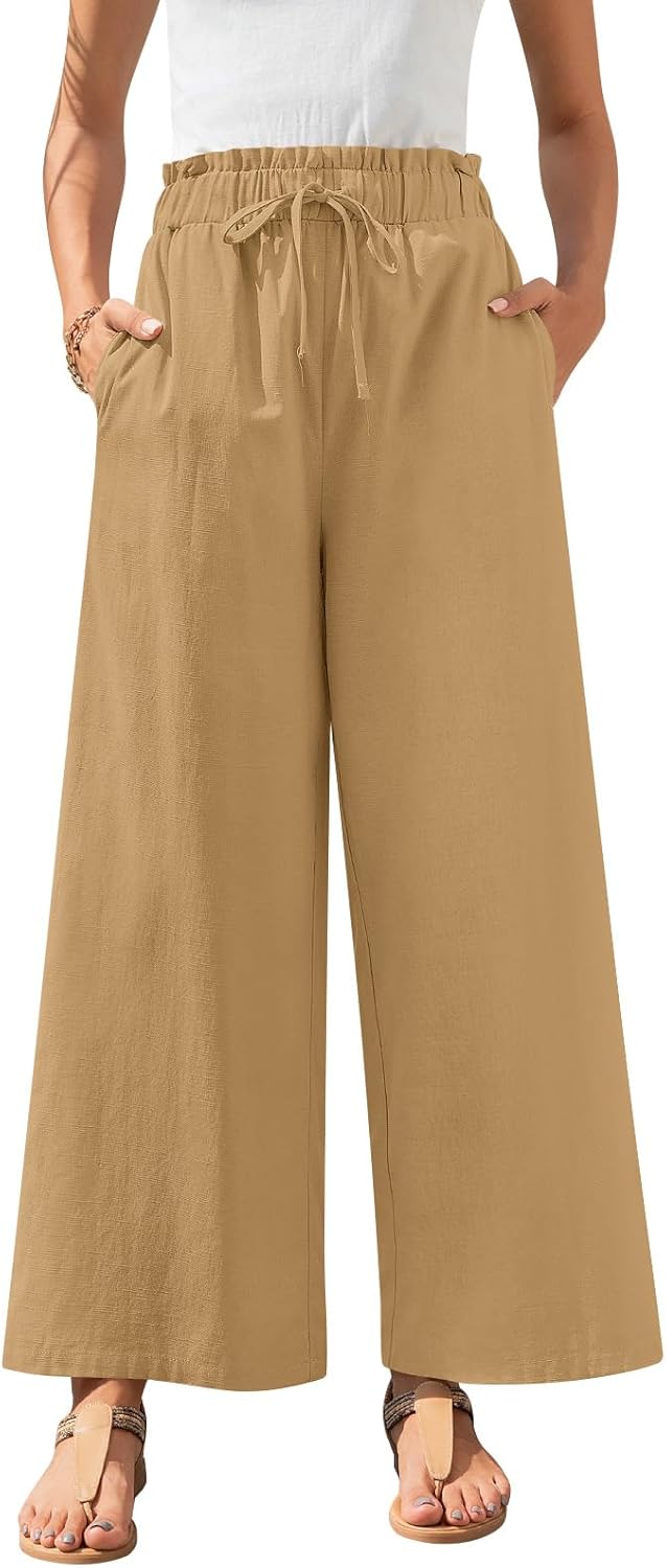 Anyally Women's Linen Summer Palazzo Pants Casual Flowy Wide Leg Drawstring High Waist Beach Trousers with Pockets