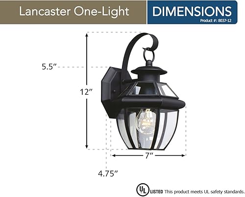 Miniatura 3 de Sea Gull Lighting 8037-12 Lancaster - Farol exterior de pared para exteriores, uno - ligero, negro