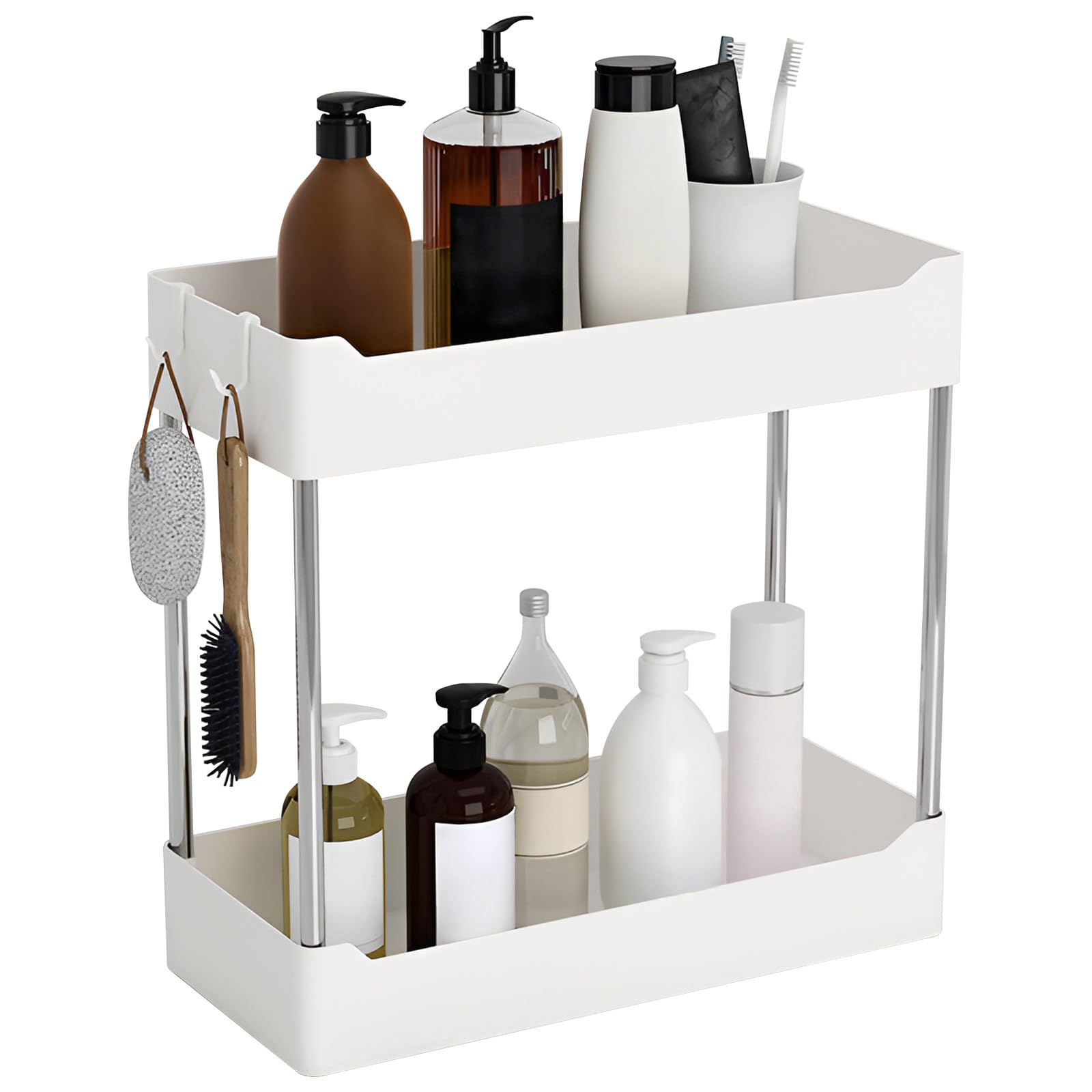 JINGIHE 2-Tier Bathroom Storage Organiser with 4 Hooks Spice Rack White