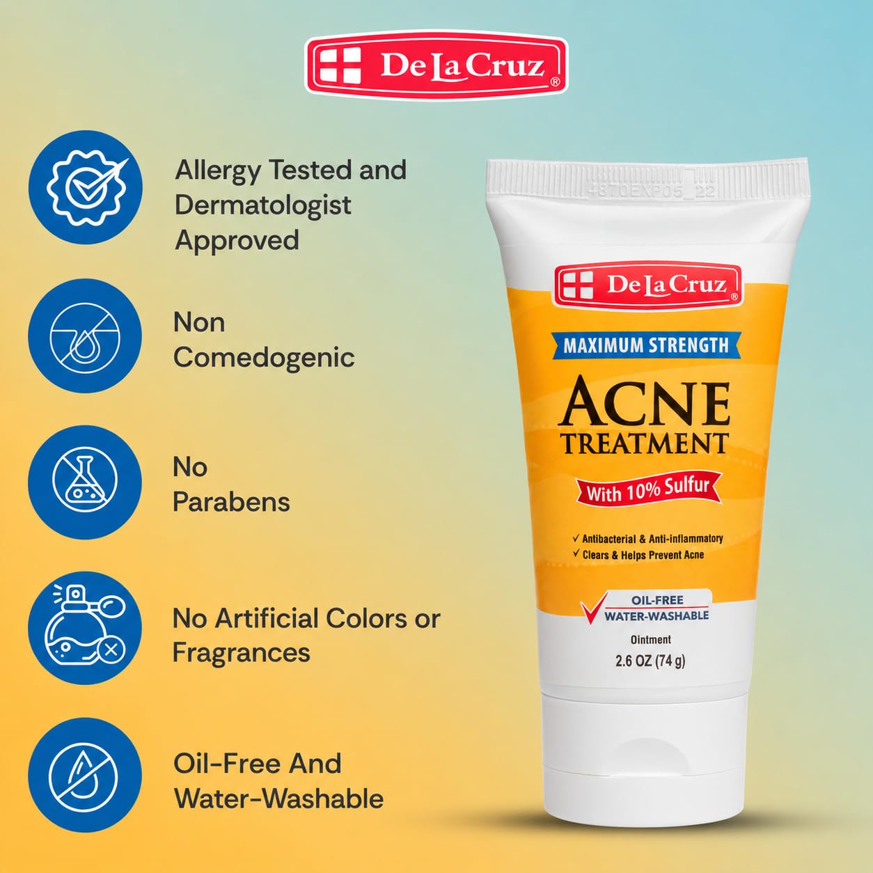 De La Cruz Traitement à l'acné 10 % sulfure - Médication à l'acné cystique clair et aux points noirs sur le visage et le corps - Fabriqué aux États-Unis - Tube de 2,6 oz