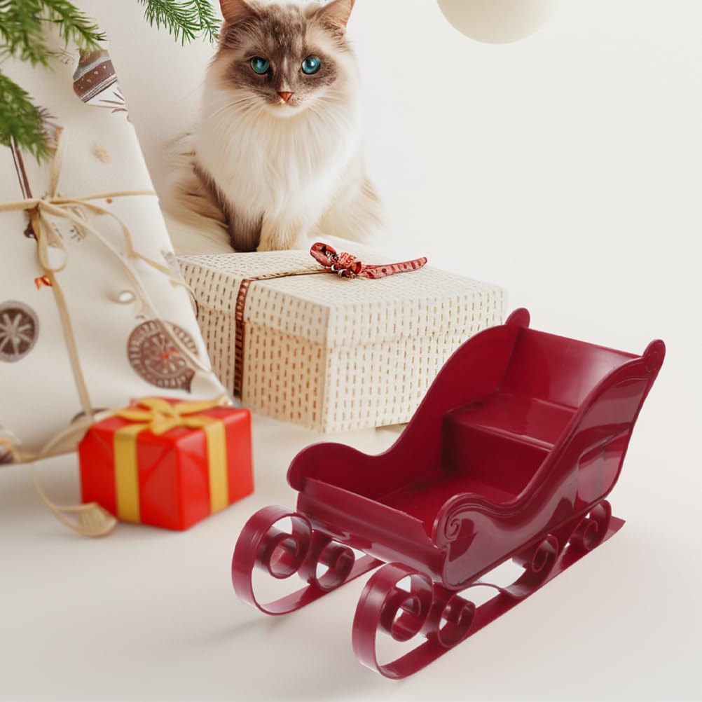 LOGOFUN 4 pcs Christmas Desk Sleigh Decoration Plastic Santa Claus Sleigh Figurine Red Sleigh Tabletop Ornament for Xmas Tree Decoration