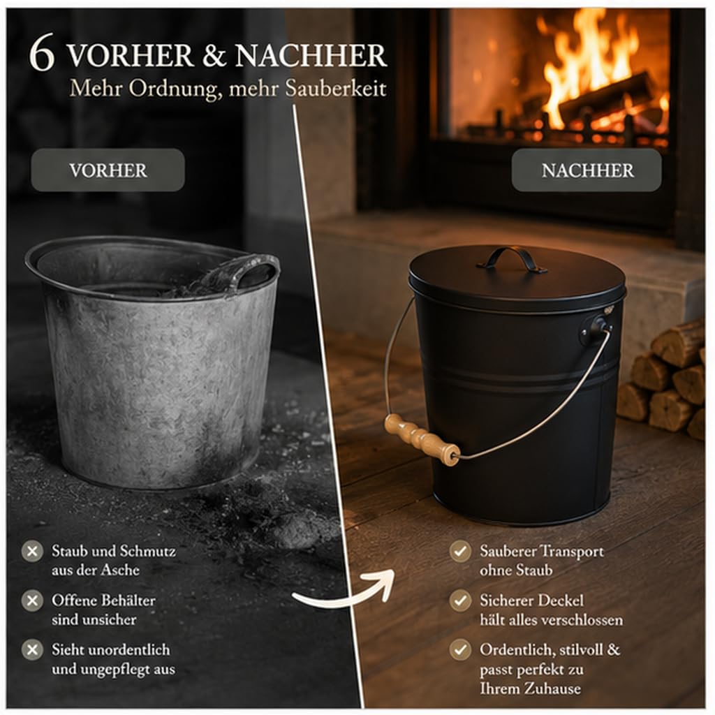 REWU Ascheeimer mit Deckel 15 L, Metalleimer für Kamin & Grill | Stabiler 15 L Metalleimer mit Deckel für vollständig abgekühlte Asche, Kamin, Grillkohle, Briketts & Anzündholz