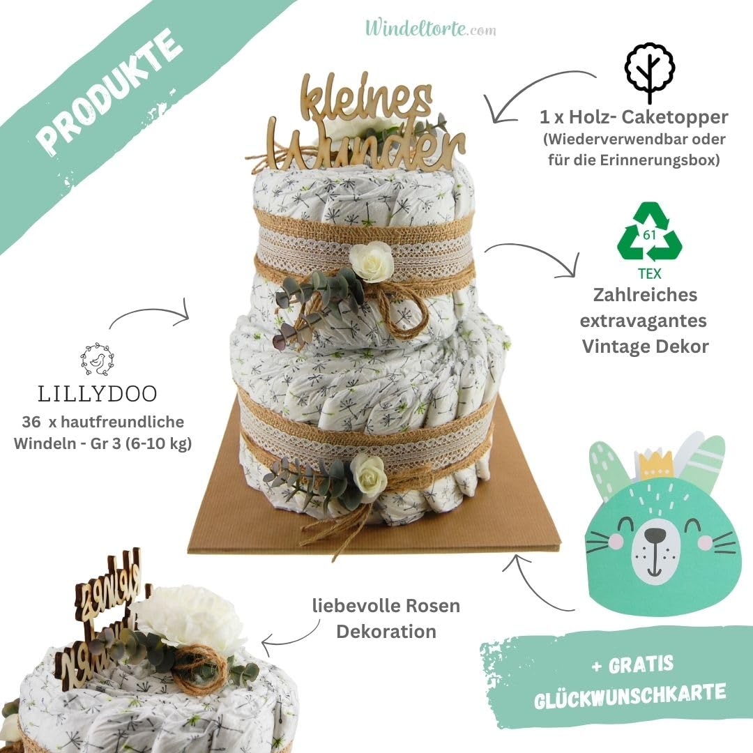 Vintage Torte [JUTE & HOLZ] - Jungen & Mädchen - Neutral Unisex - Geschenk zur Geburt - Baby Party - Babyshower - Pullerparty - Caketopper (Boho - Vintage - KLEINES WUNDER - 2-stöckig)