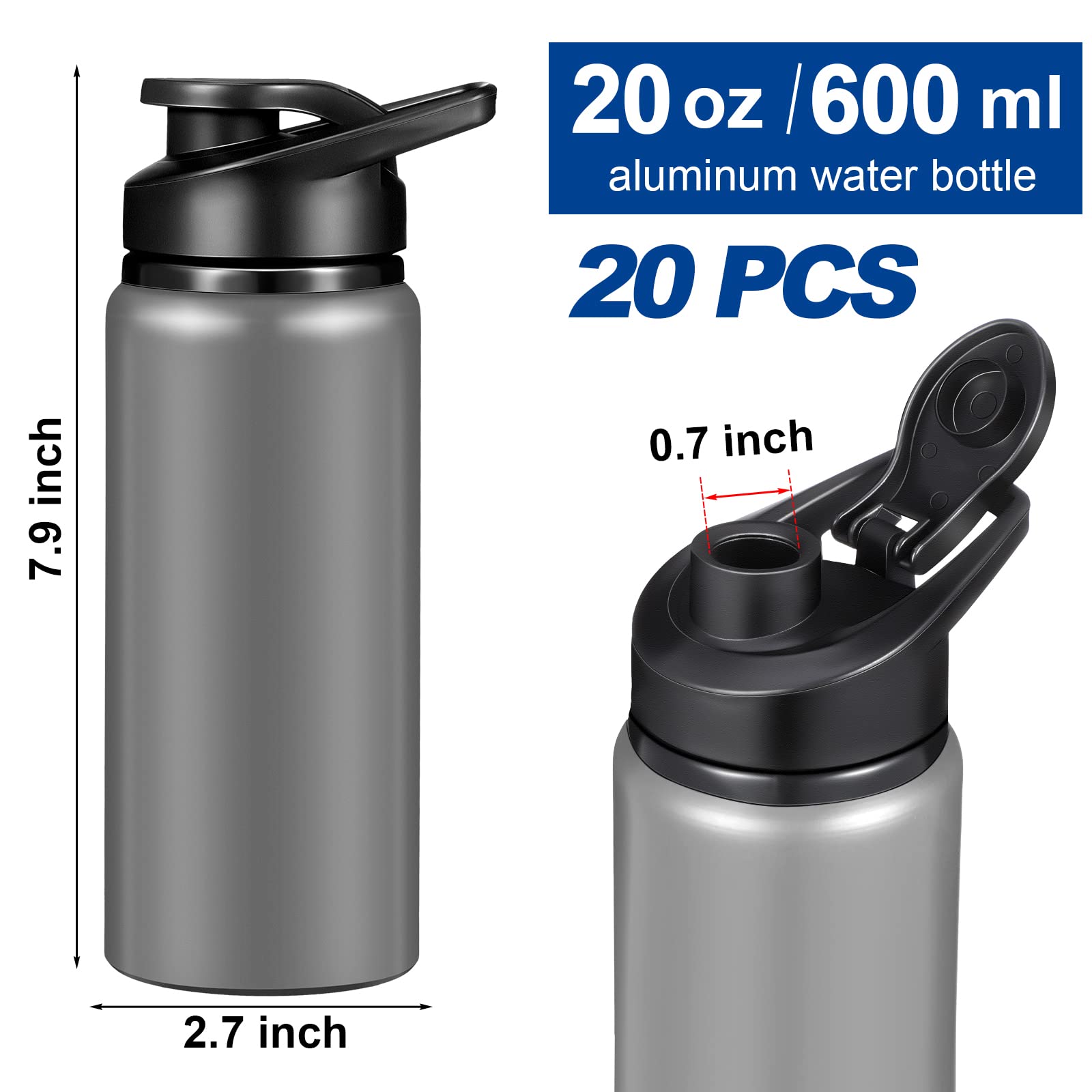 Potchen Aluminium-Wasserflaschen, wiederverwendbar, mit Schnappdeckel und Griff, leicht, isoliert, auslaufsicher, für Teamschule, Fitnessstudio, Reisen, Wandern, Outdoor, Grau, 20 Stück