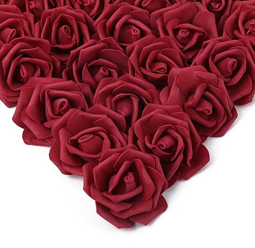 IPOPU Cabezales de rosas artificiales, 100 piezas de rosas falsas de espuma burdeos de aspecto real para bricolaje, bodas, baby shower, centros de