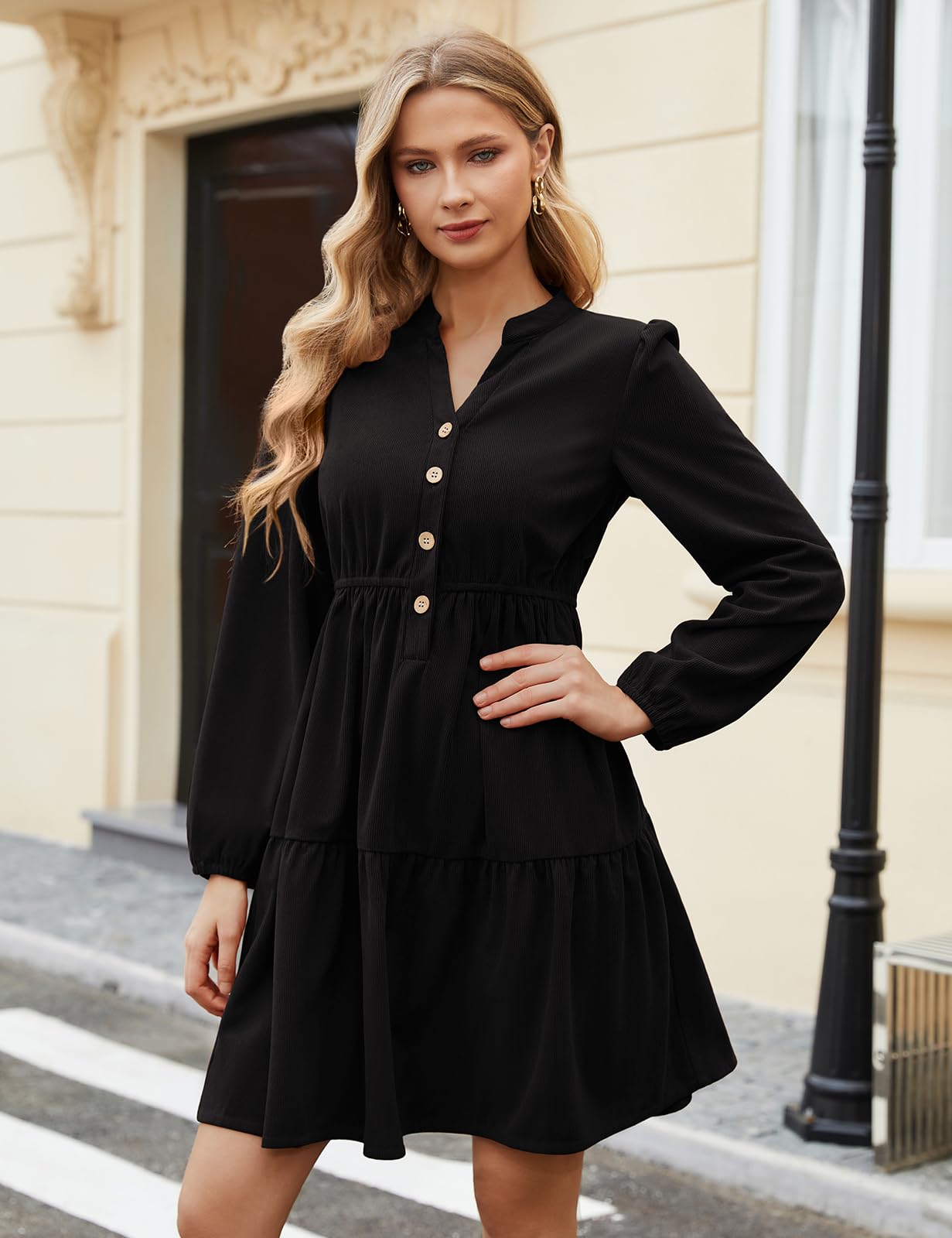 Robe Manche Longue Femme Robe Col V Chic et Elegant pour Automne Hiver
