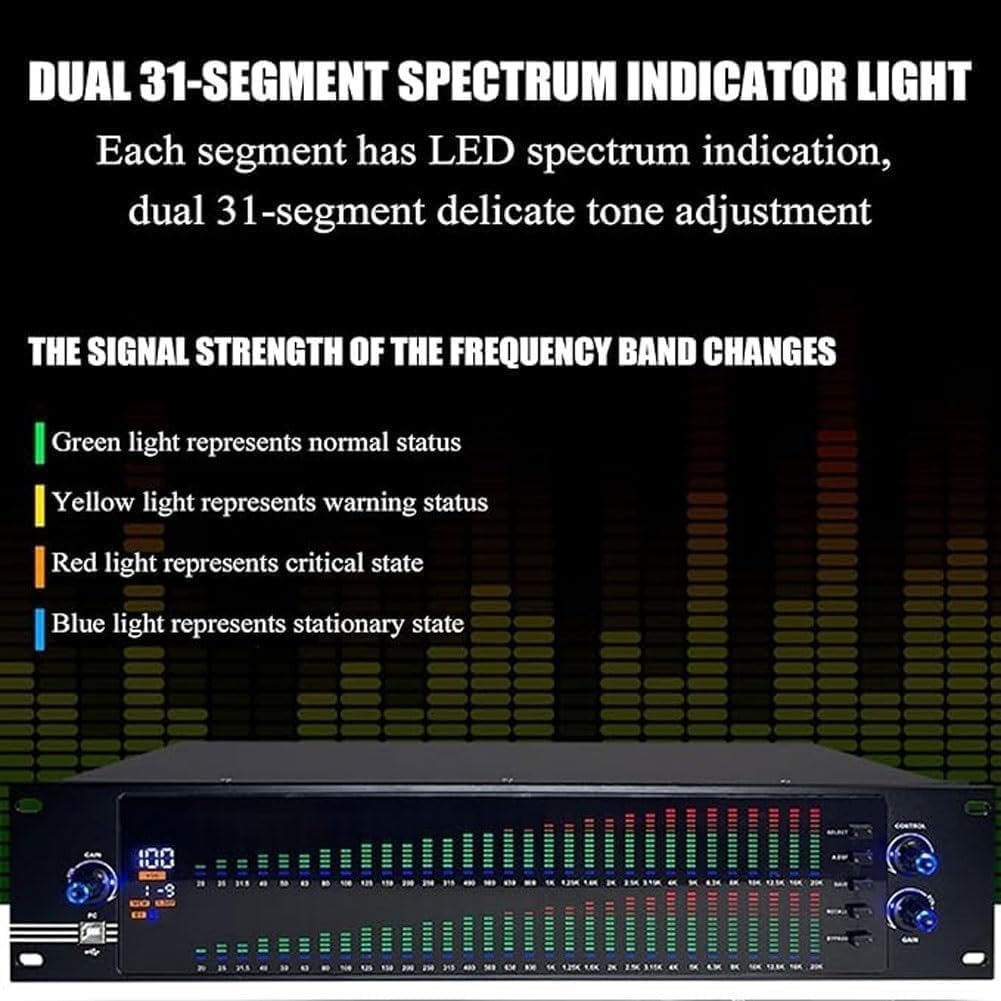 Stereo Digital Audio Graphic Equalizer, 31-pasmowy profesjonalny korektor graficzny stereo, automatyczna redukcja szumów, Processing chip DSP, 10 gotowych efektów(2)