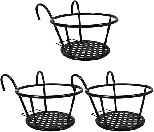 Hemoton Paquete de 3 macetas colgantes para barandilla al aire libre, balcón, macetas colgantes de hierro, cestas de flores colgantes, soporte para