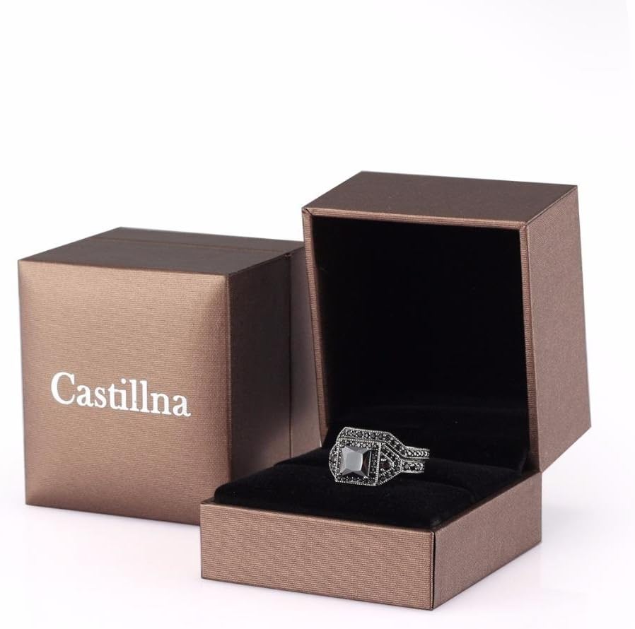 Castillna Black Cubic Zirconia CZ Simulated Diamond Princess Cut Solitaire Halo Bridal Engagement Wedding Rings Sets in Sterling Silver for Women