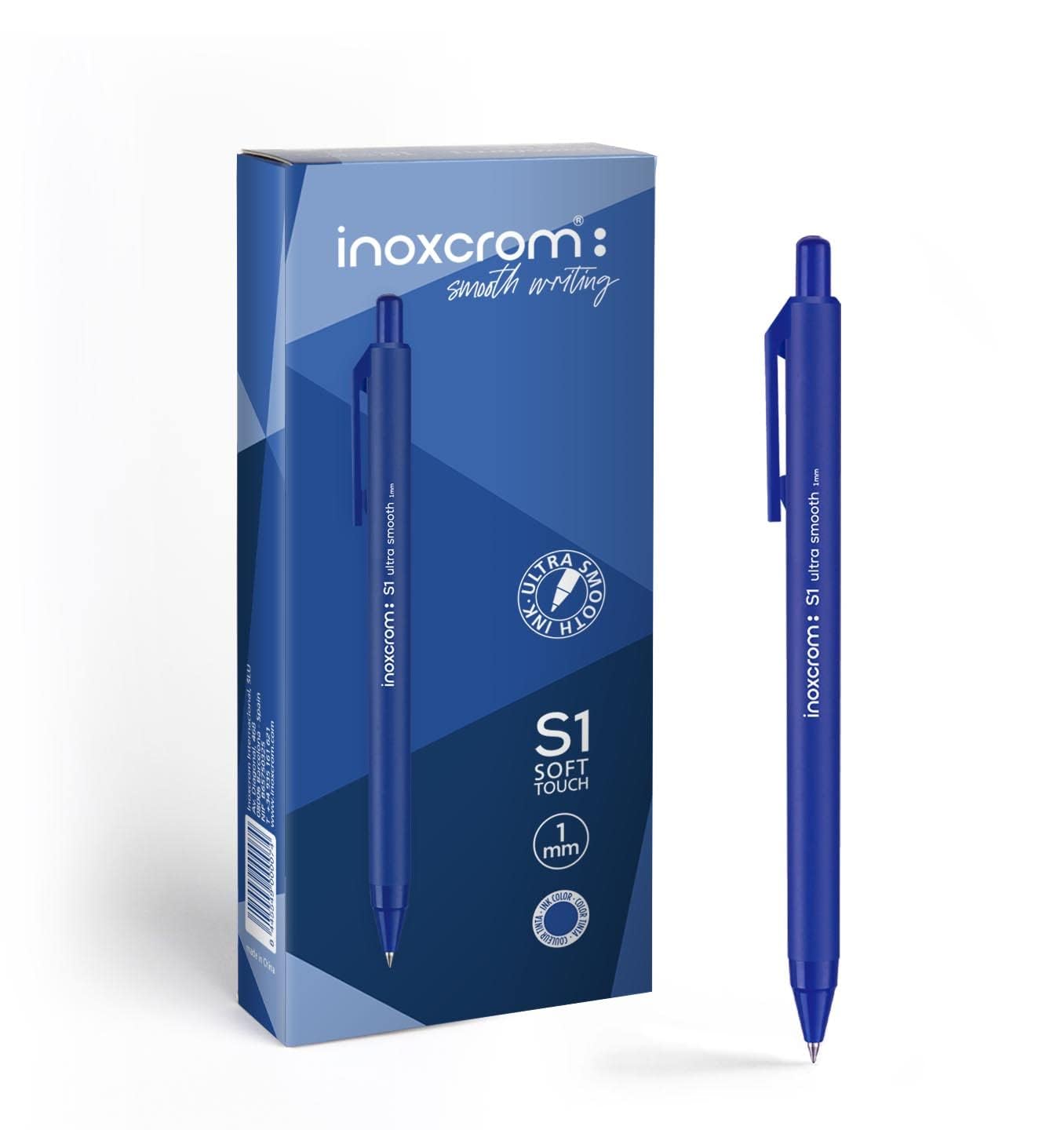 inoxcrom: S1 - Bolígrafo retráctil, escritura ultra suave y tacto agradable, punta media (1mm), caja 12 bolis (Azul)