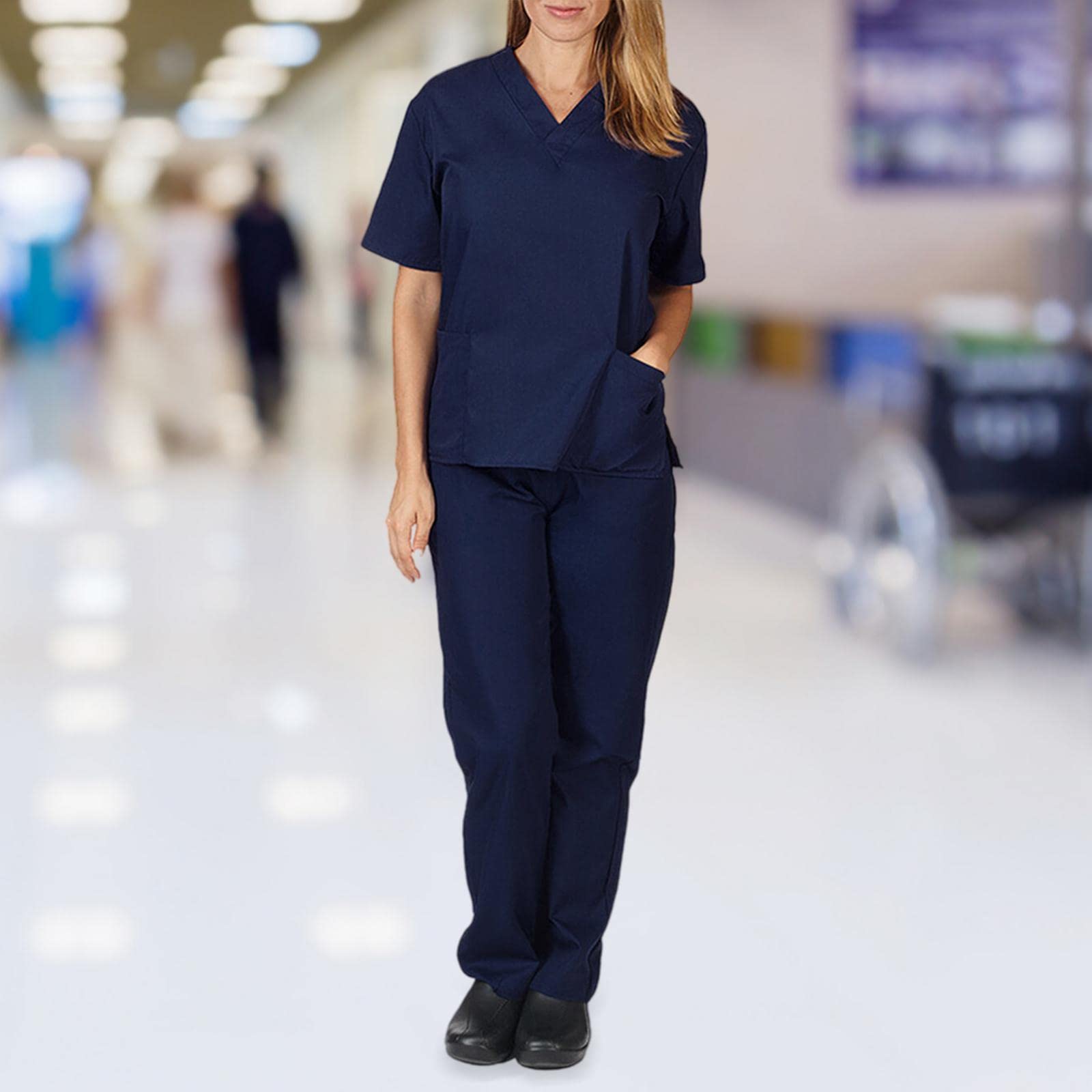 Unisex pielęgniarstwo praca peeling dekolt w serek odzież ochronna pracownik opieki granatowy S