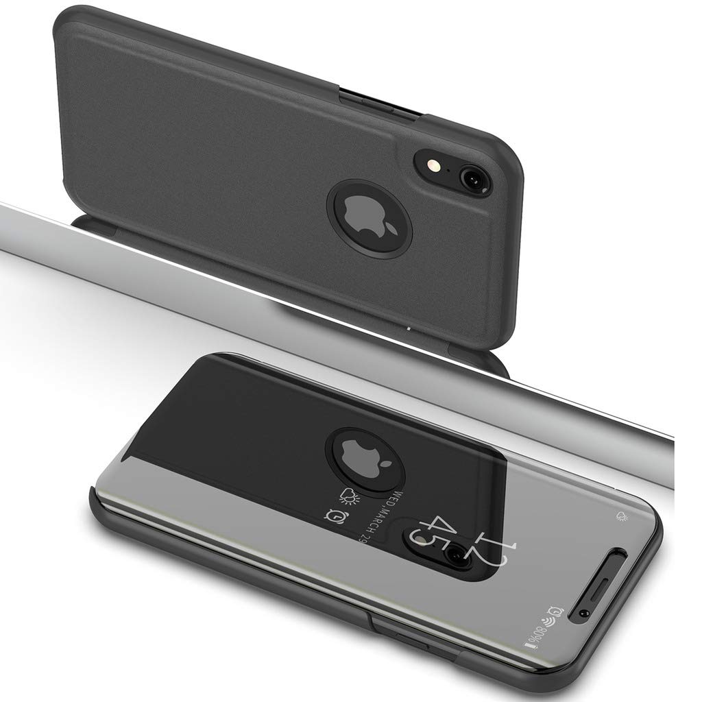iPhone XR Flip Case, Eabuy Mirror Plating Hard PC +PU Leather Semi-transparent Standing View Case Cover for iPhone XR Black