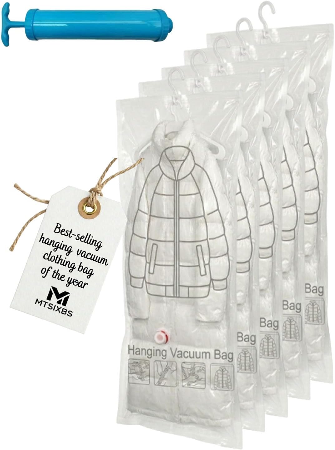 5 Pack Hanging Vacuum Storage Seal Clear Bags for Clothing Compression Suits and Jackets Travel and Home Organization Reusable Space Saver Three Sizes Large Medium and Small(Large)