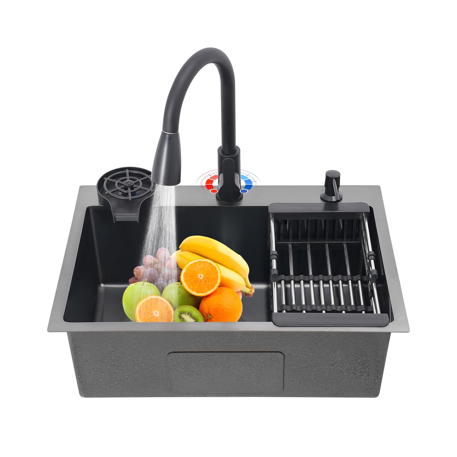 Edelstahl-Spüle, 1 Becken, 60 x 45 cm, kommerziell, Küchenspüle, Einbauspüle, Nanobeschichtung, drehbarer Wasserhahn und Abflusskorb – Schwarz
