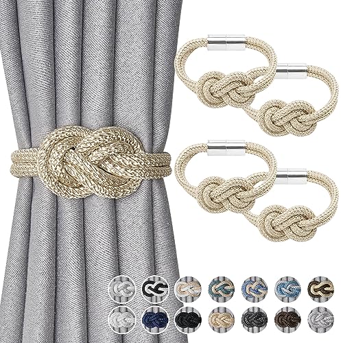 Pretty Jolly 4 Pack Mini Magnetic Curtain Tiebacks Nordic Simple Style Drape Tie Backs Elegant Hand Weave Rope Knot Decorative Curtain Holdbacks for Home & Office Window Drapery (Beige)