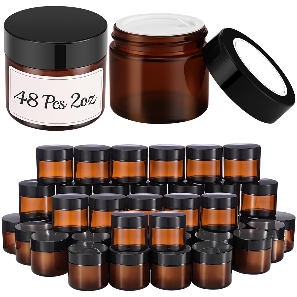 2 oz Round Amber Glass Jars, Bumobum 40 pack Cream Jars with Black Lids, Black and White Labels & Inner Liners, Empty Cosmetic Containers for Cream, Lotion